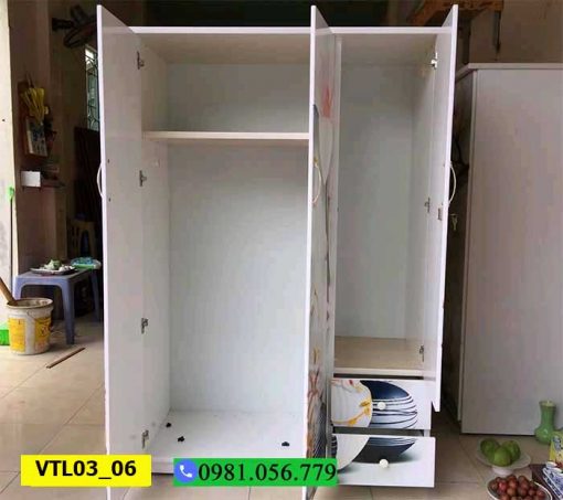 Tủ nhựa 3D đựng quần áo 3 cánh 2 buồng có ngăn kéo VTL03_06